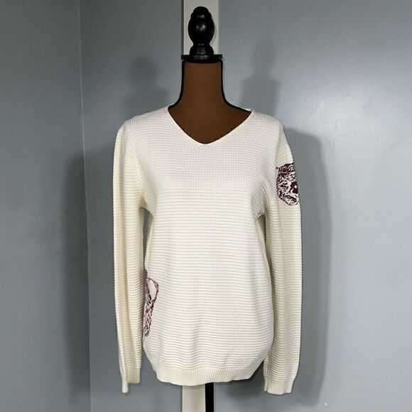 CM White Waffle Texture Long Sleeve Pullover Top White with Knit Tigers Women’s - Picture 4 of 10